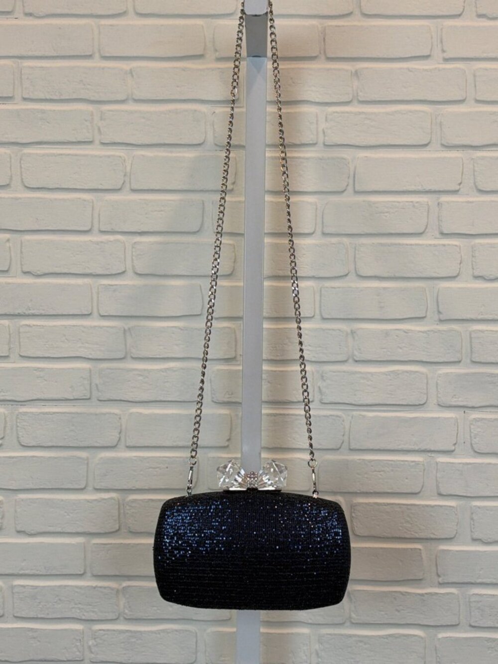 Nina Clutch Crystal Bow Clasp Glitter Navy
